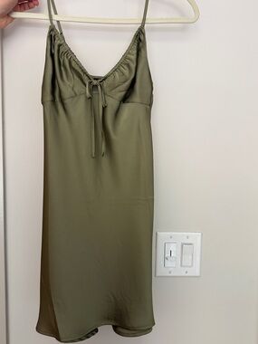 Bershka Olive Satin Slip Mini Dress with Tie Front